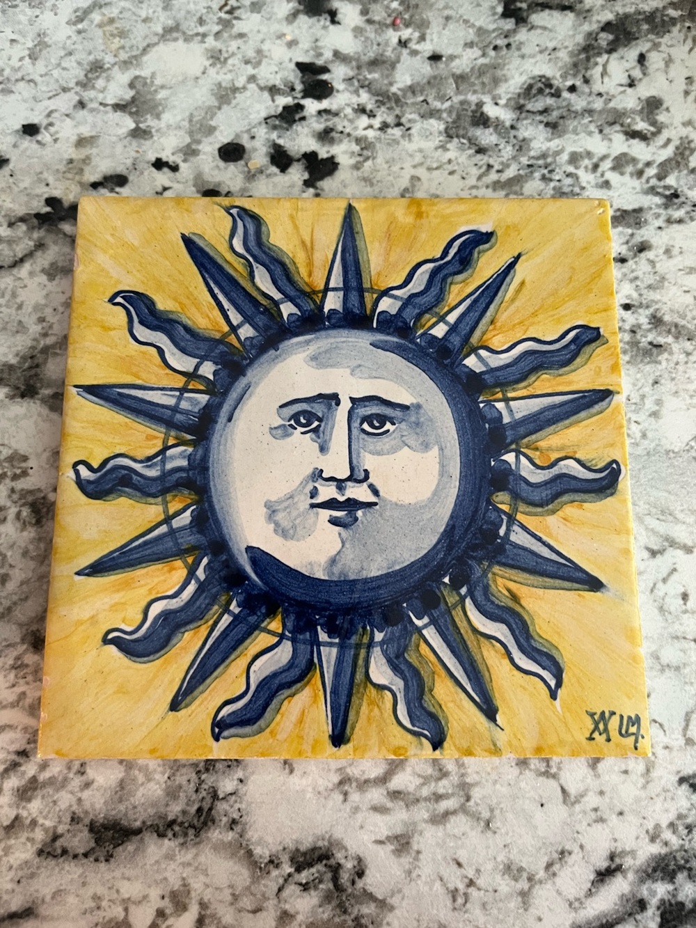 Hand-Painted Blue and Yellow Sun Tile